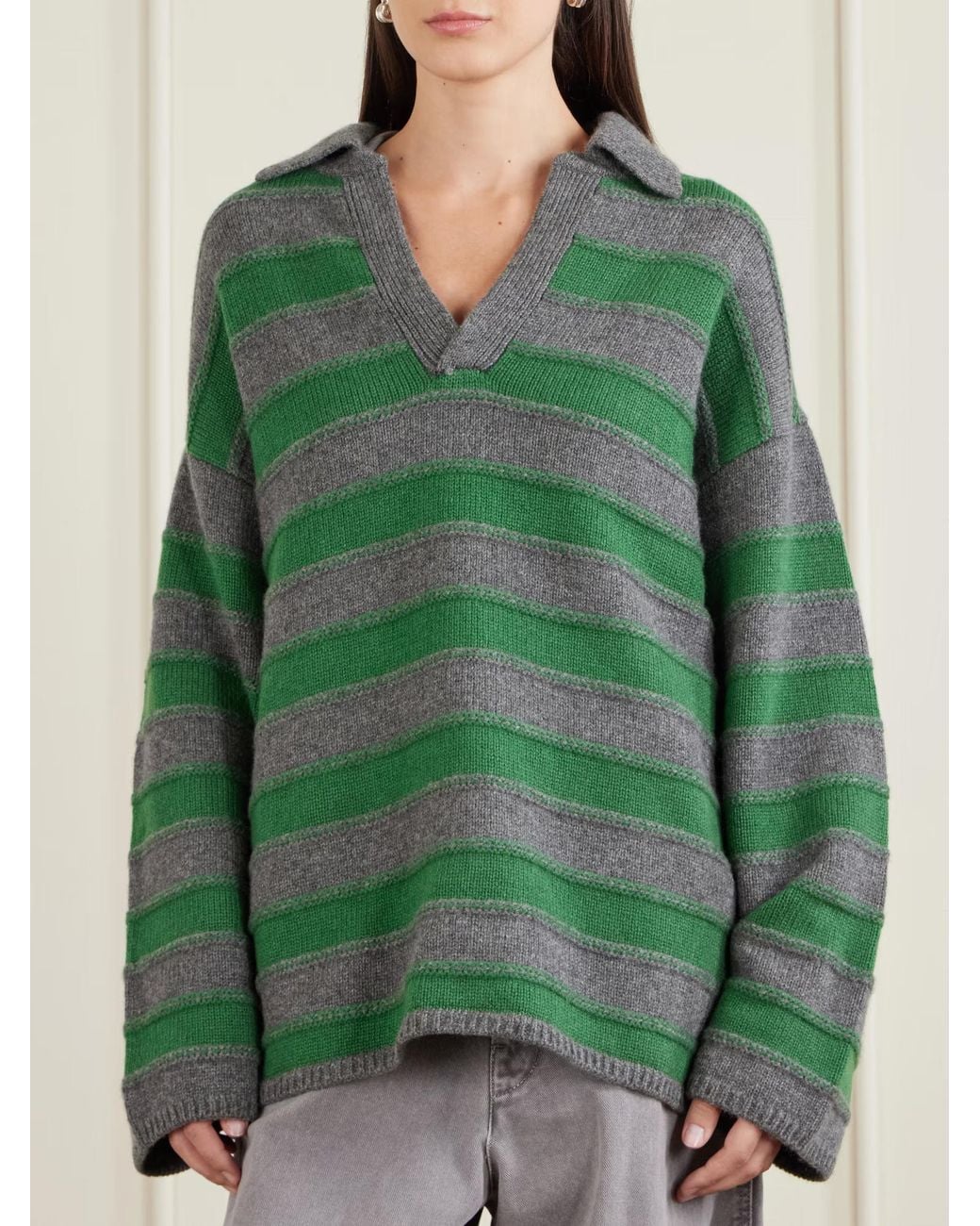 The Elder Statesman Green Dume Striped Cashmere Polo Sweater