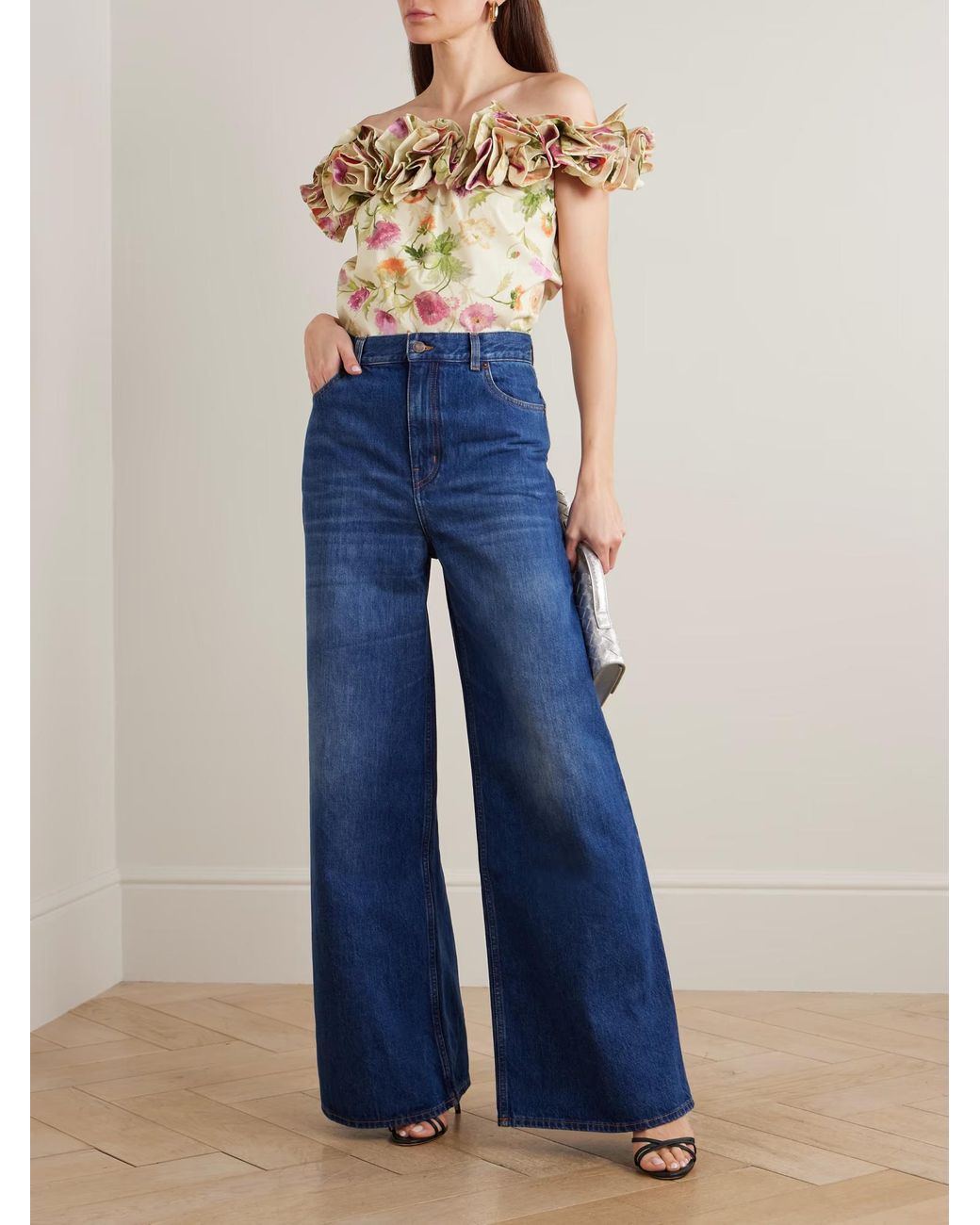Carolina Herrera Metallic Off-Shoulder Ruffled Printed Top