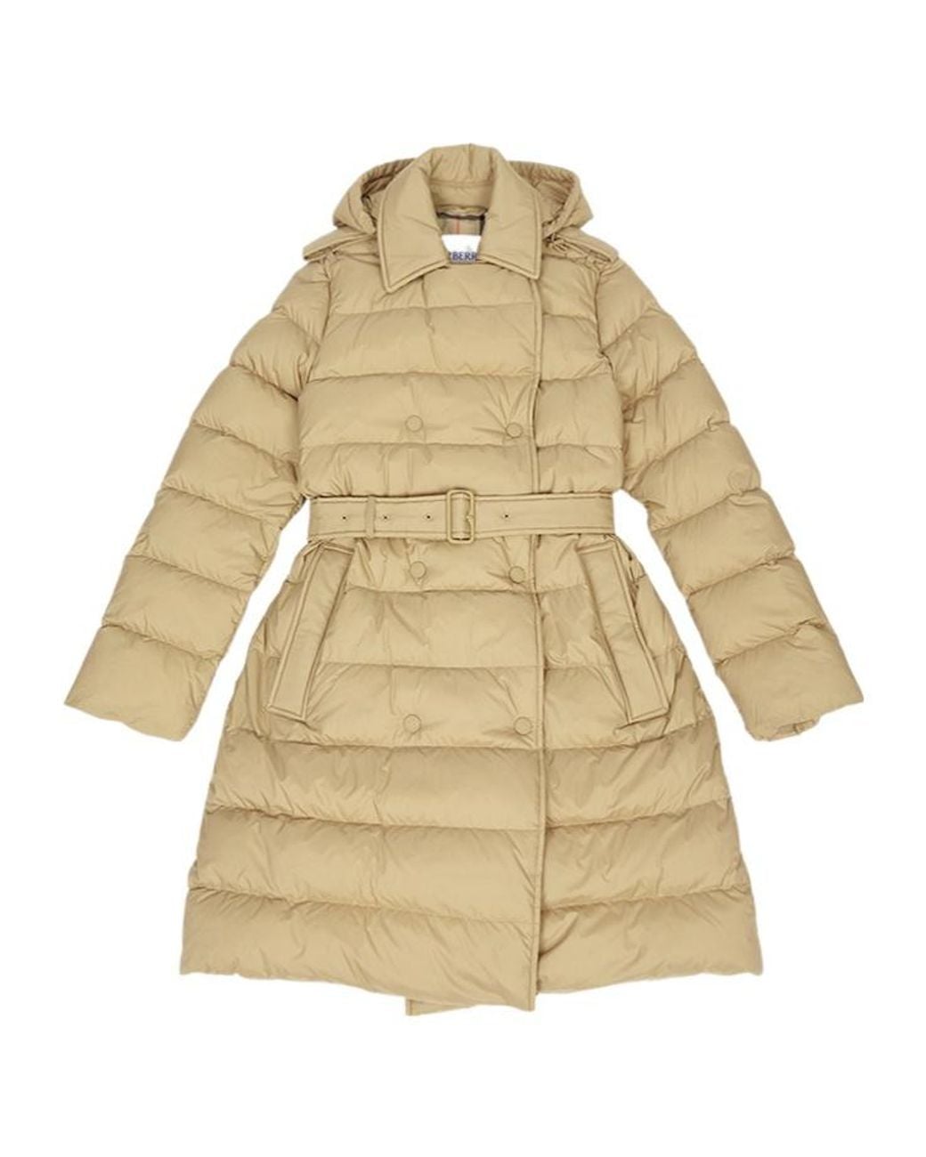 Burberry Natural Double Breasted Belted Hooded Puffer Coat