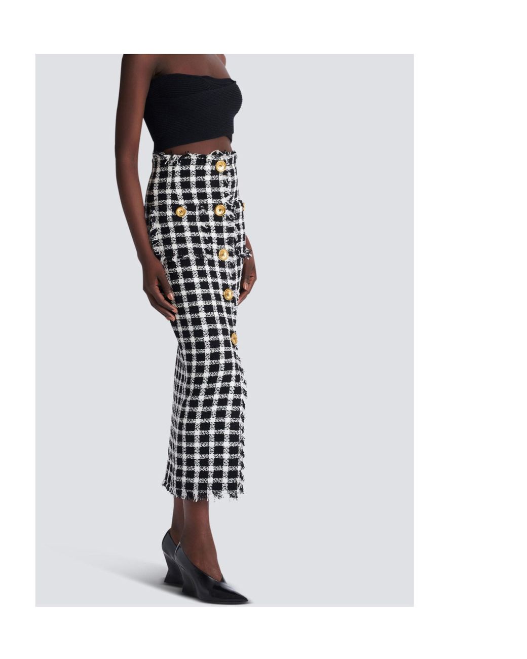 Balmain Black Gingham Tweed Long Skirt