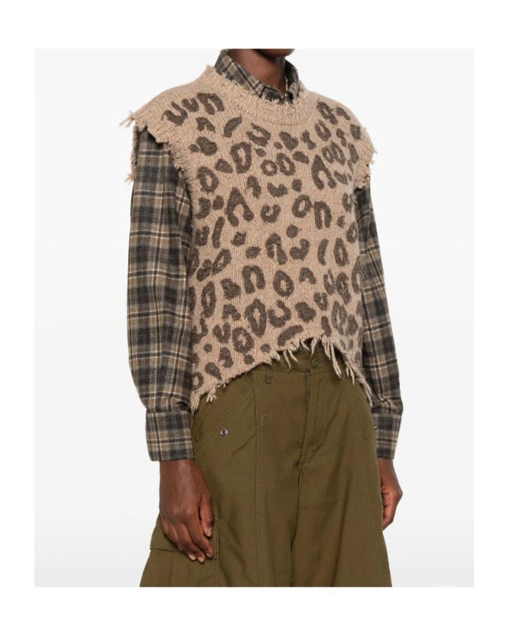 R13 Gray Distressed Animal-Pattern Knitted Top