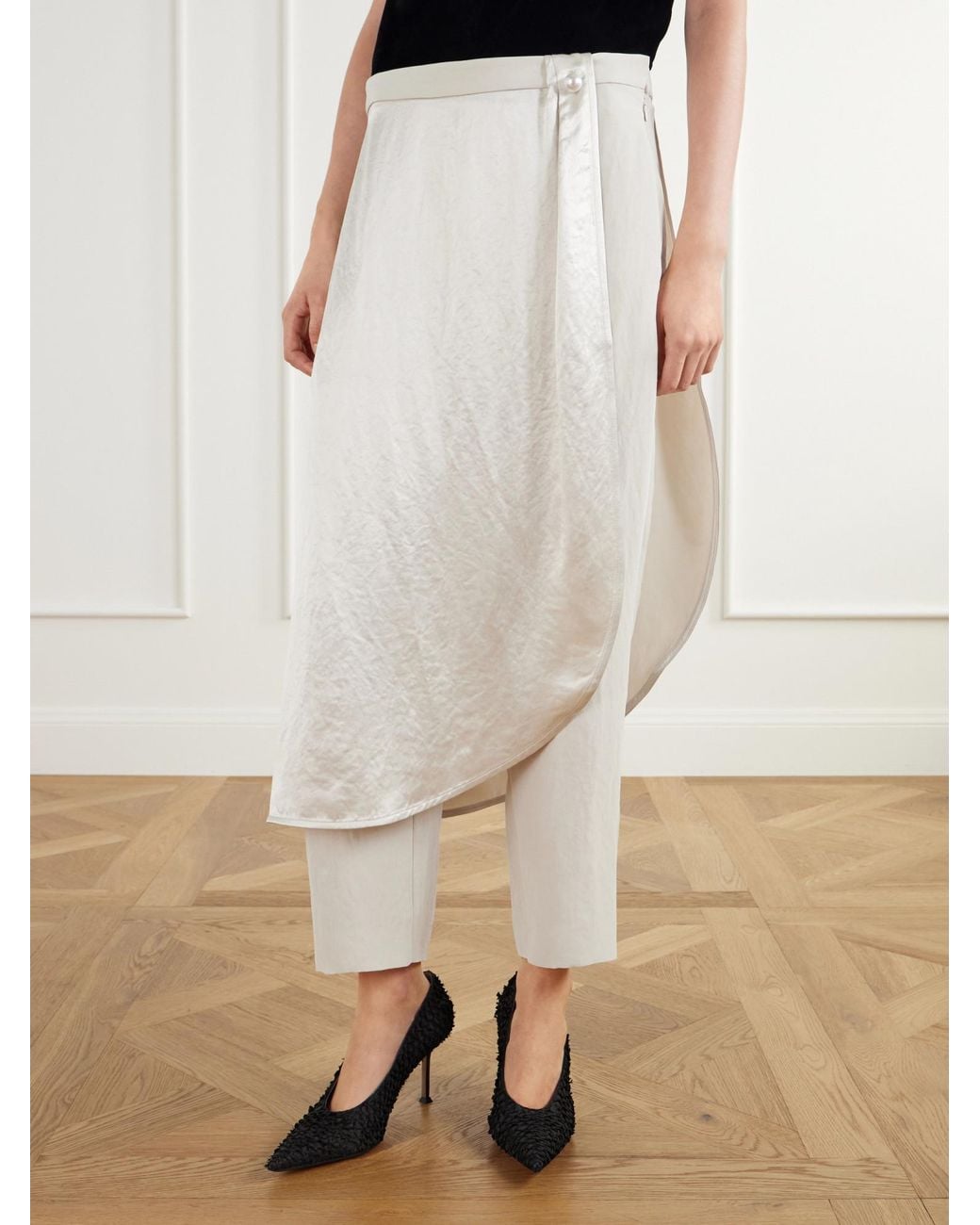 Maria McManus White Wrap-Effect Satin Straight-Leg Pants