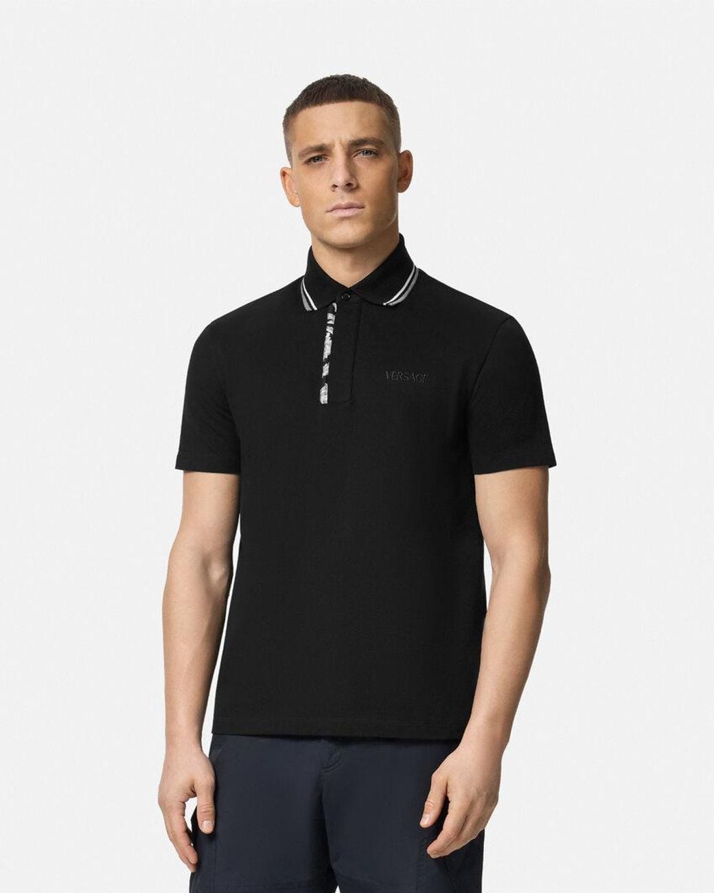 Versace Black Barocco Embroidered Short-Sleeved Polo Shirt for men