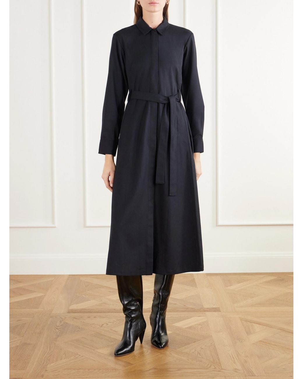 Theory Black Belted Flannel Midi Dress