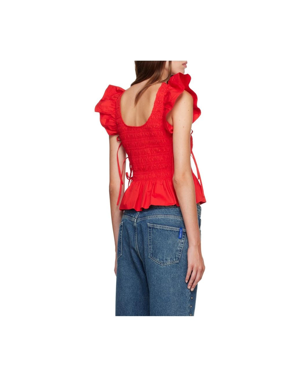 Ganni Red Smocked Peplum Tops