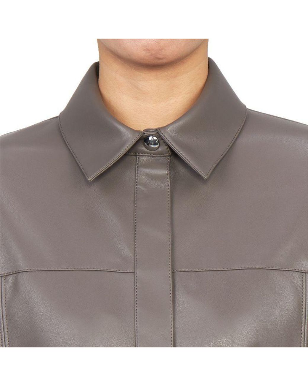 Max Mara Gray Collared Long-Sleeved Leather Jacket