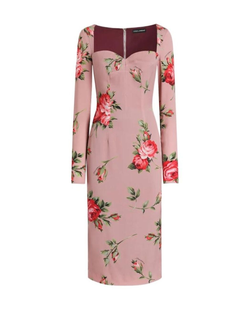 Dolce & Gabbana Pink Long-Sleeved Floral-Print Midi Dress