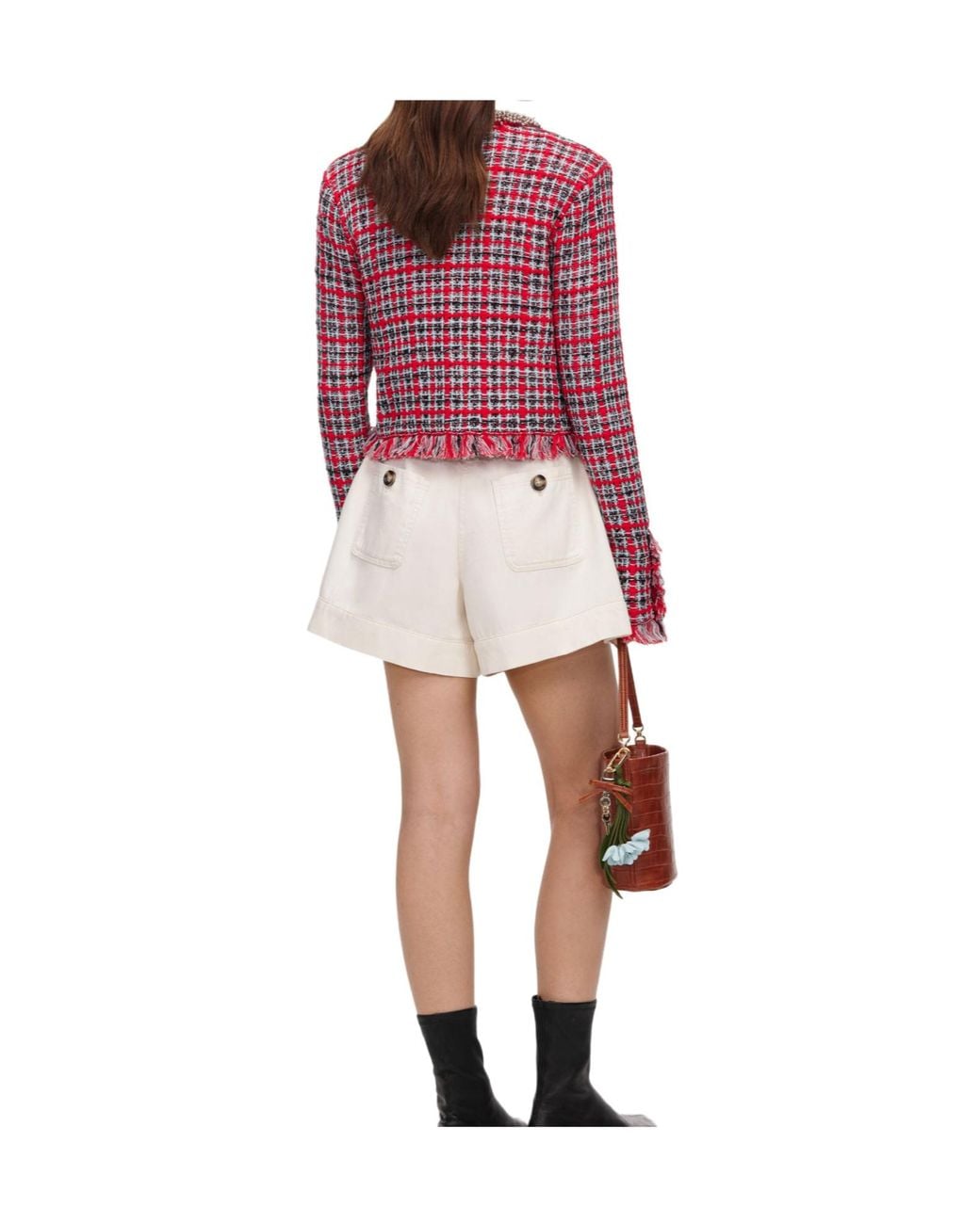 Self-Portrait Pink Fringed Checked Knitted Jacket