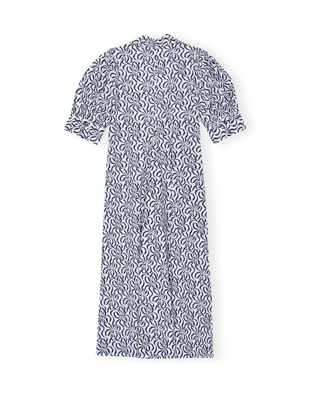Ganni Blue Printed Cotton Poplin V-Neck Long Dress