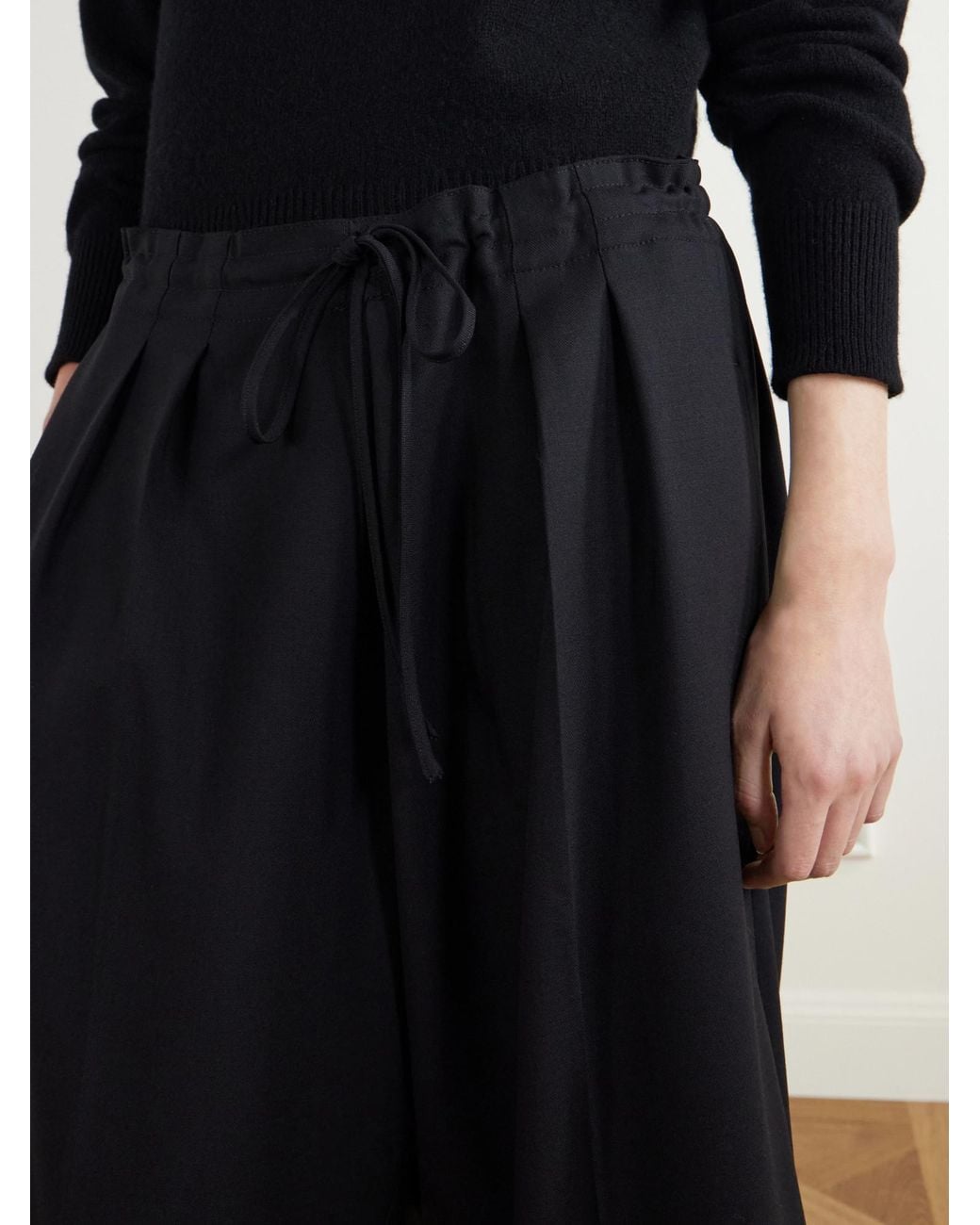 Maria McManus Black Cropped Drawstring Wool Wide-Leg Pants