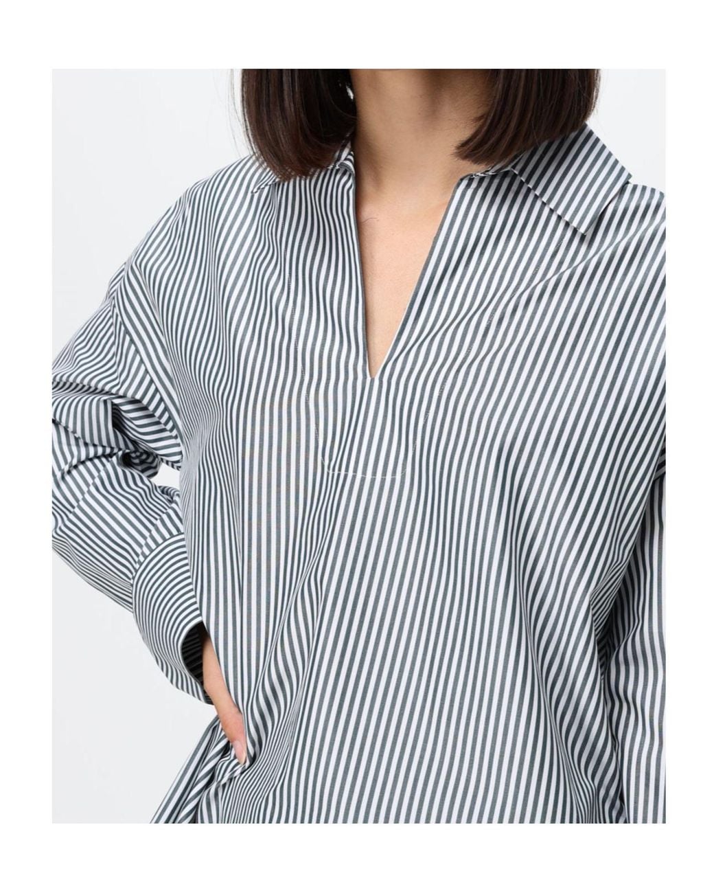 Max Mara Blue Cotton Poplin Stripe Blouse
