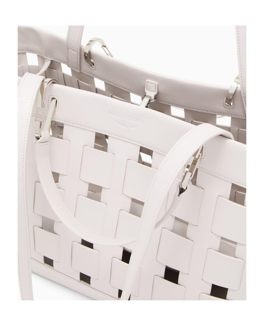 Emporio Armani White Tote Bag With Woven Design Double Handles And Pouch