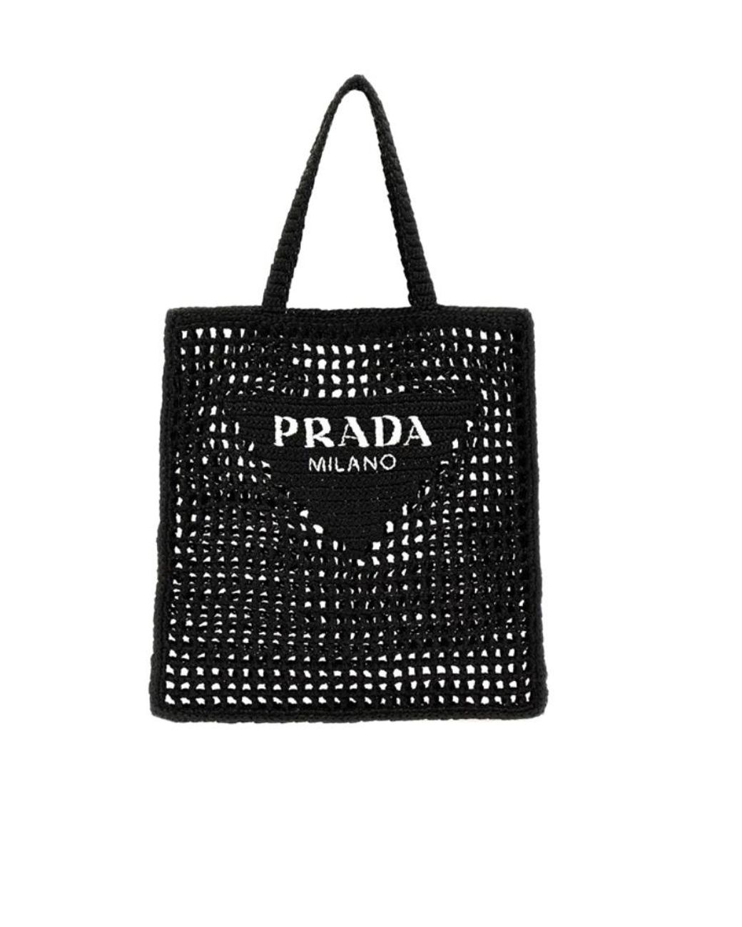 Prada Black Logo Printed Woven Tote Bag