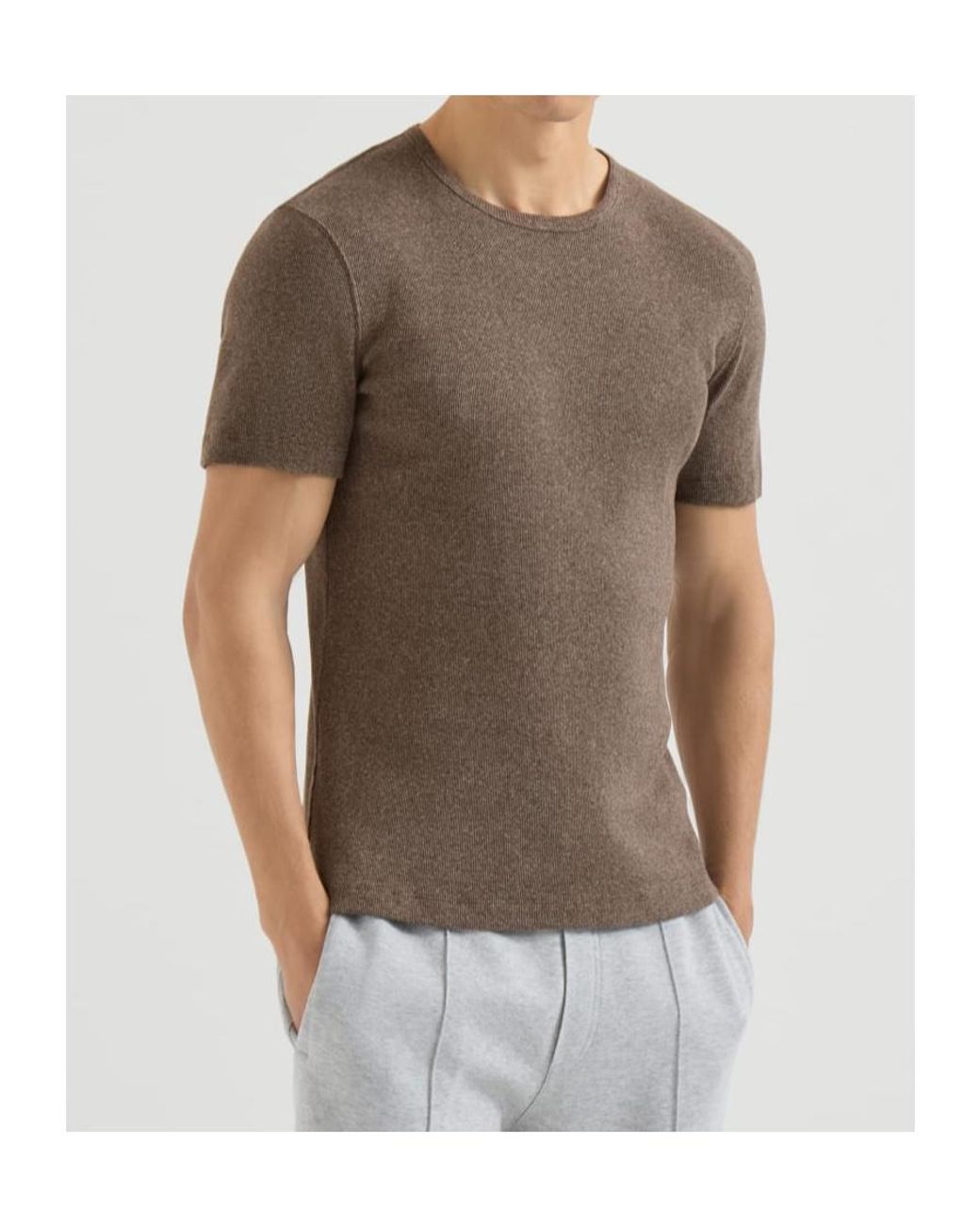 Brunello Cucinelli Brown Denim-Effect Ribbed Cotton Jersey Crew Neck T-Shirt for men