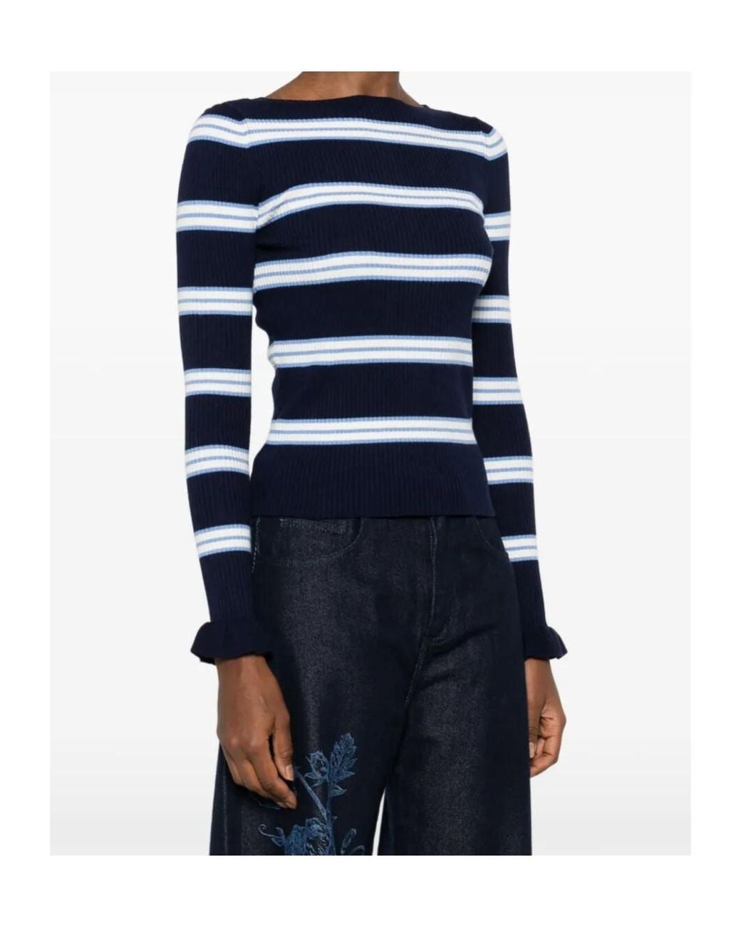 Twinset Blue Ruffled Cuff Striped Knitted Sweater