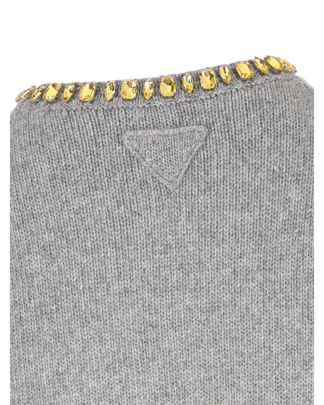 Prada Gray Wool-Cashmere Embellished Sweater