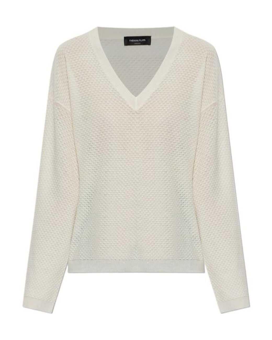 Fabiana Filippi White Textured V-Neck Knitted Sweater