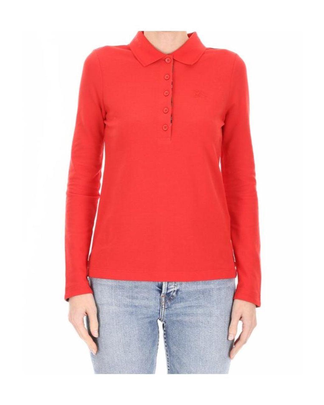Burberry Red Long-Sleeve Check Placket Cotton Piqué Polo Shirt