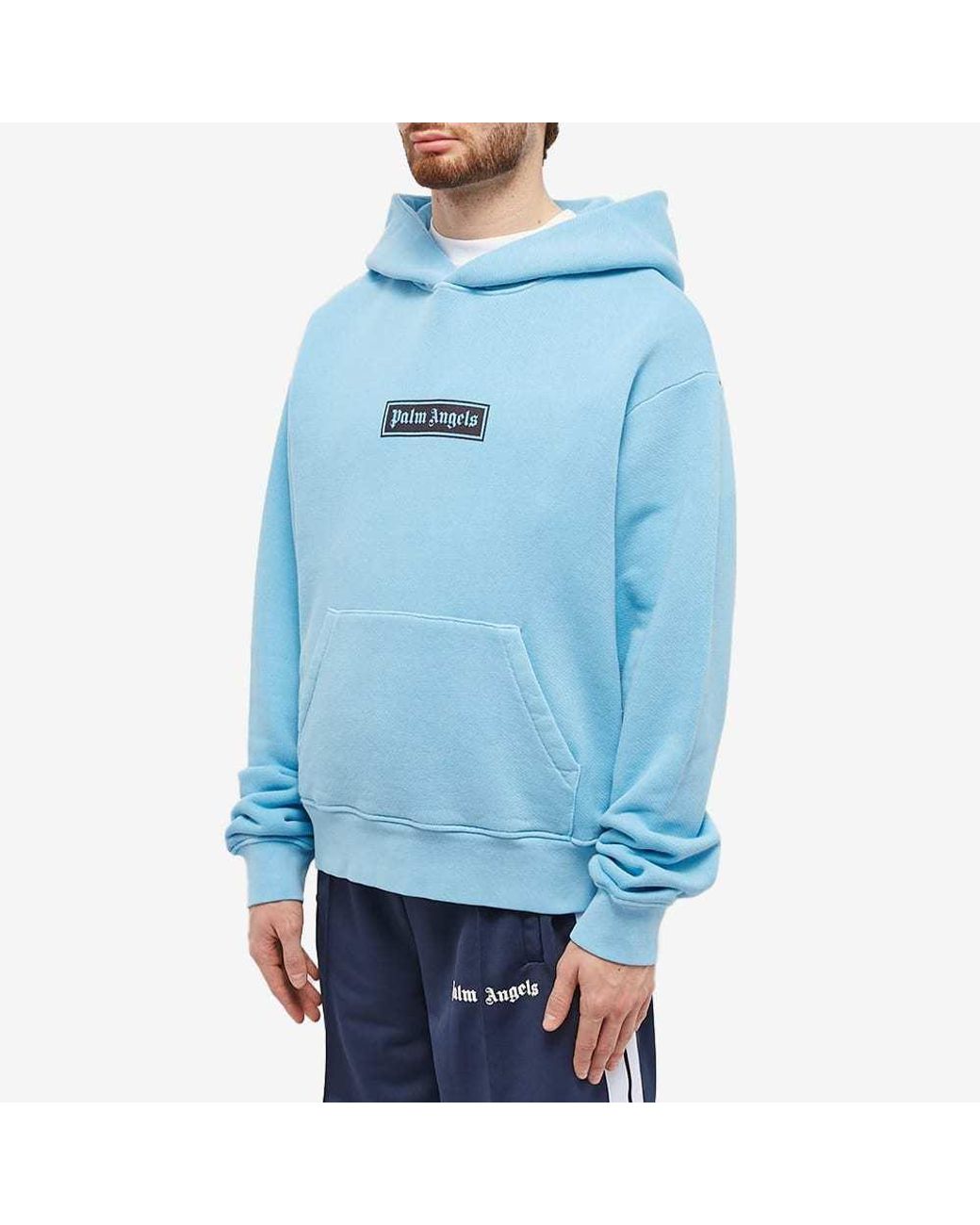 Palm Angels Blue Logo-Print Cotton Hoodie for men