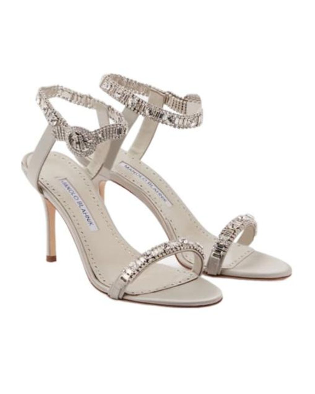 Manolo Blahnik White Rhinestone Embellished Satin High Heel Sandals