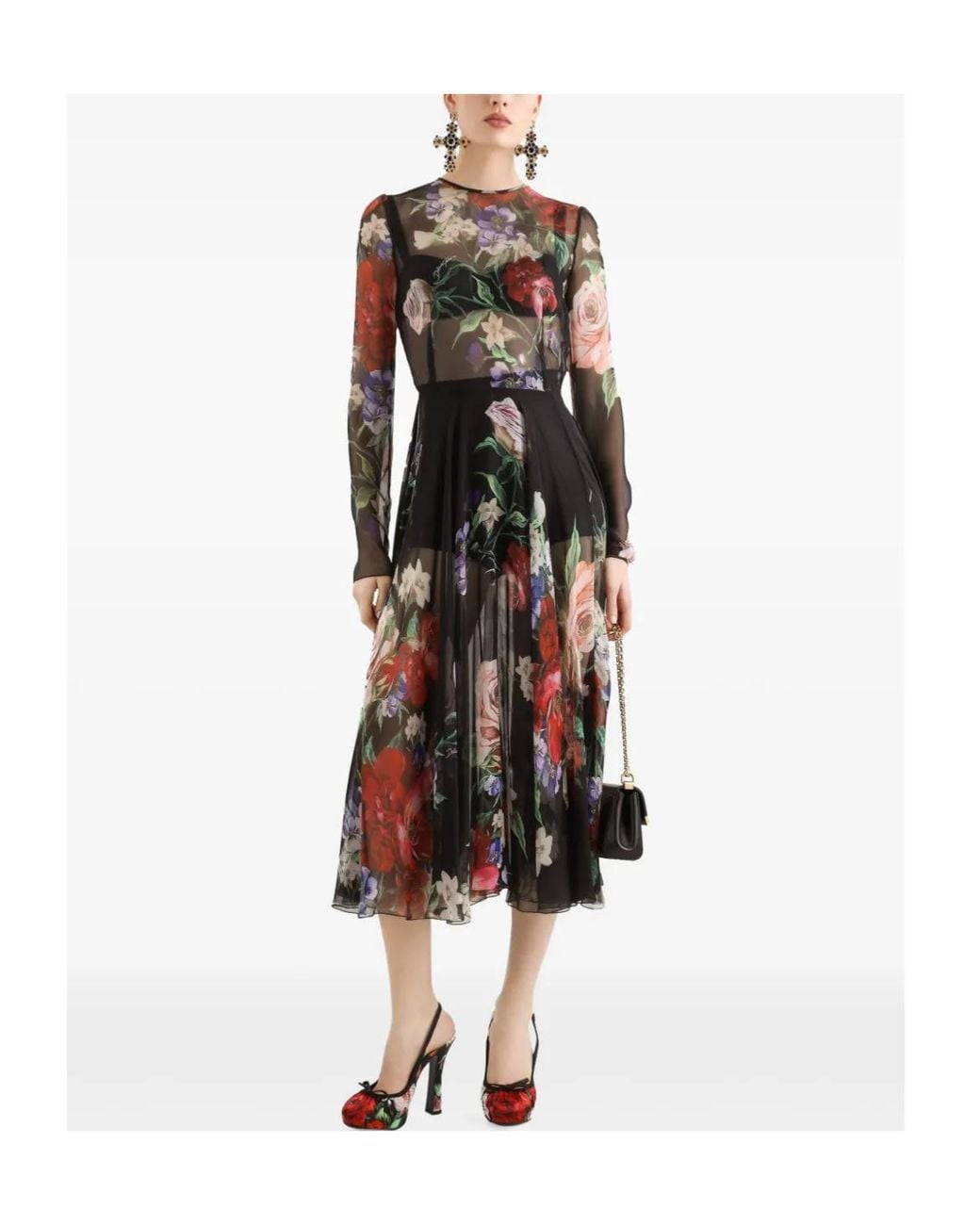 Dolce & Gabbana Black Floral Printed Chiffon Calf-Length Dress