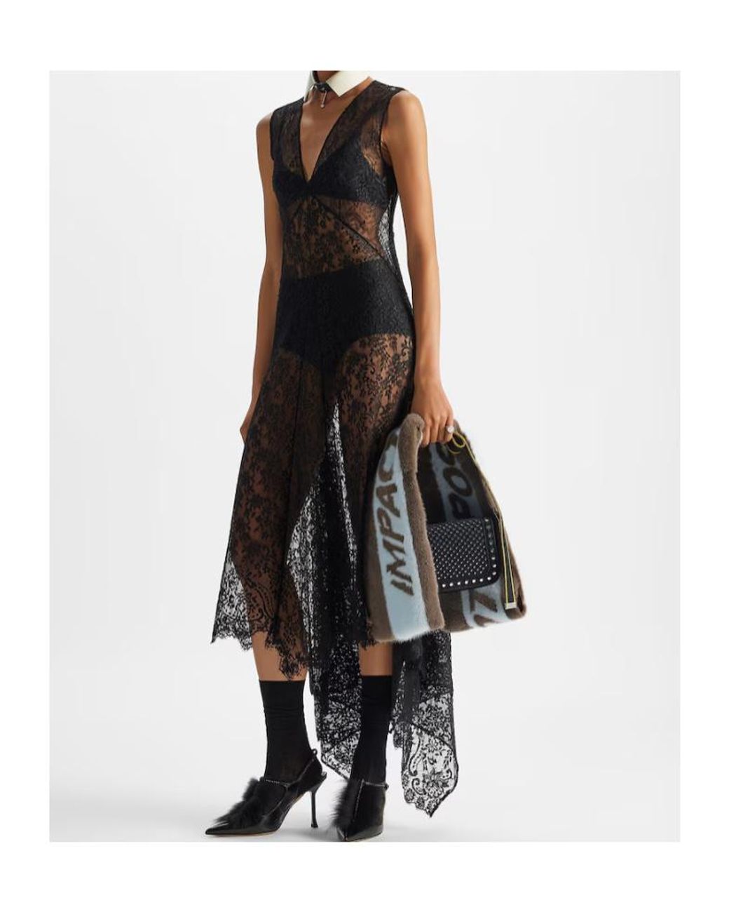 Fendi Black Asymmetric Lace Detailed Midi Dress