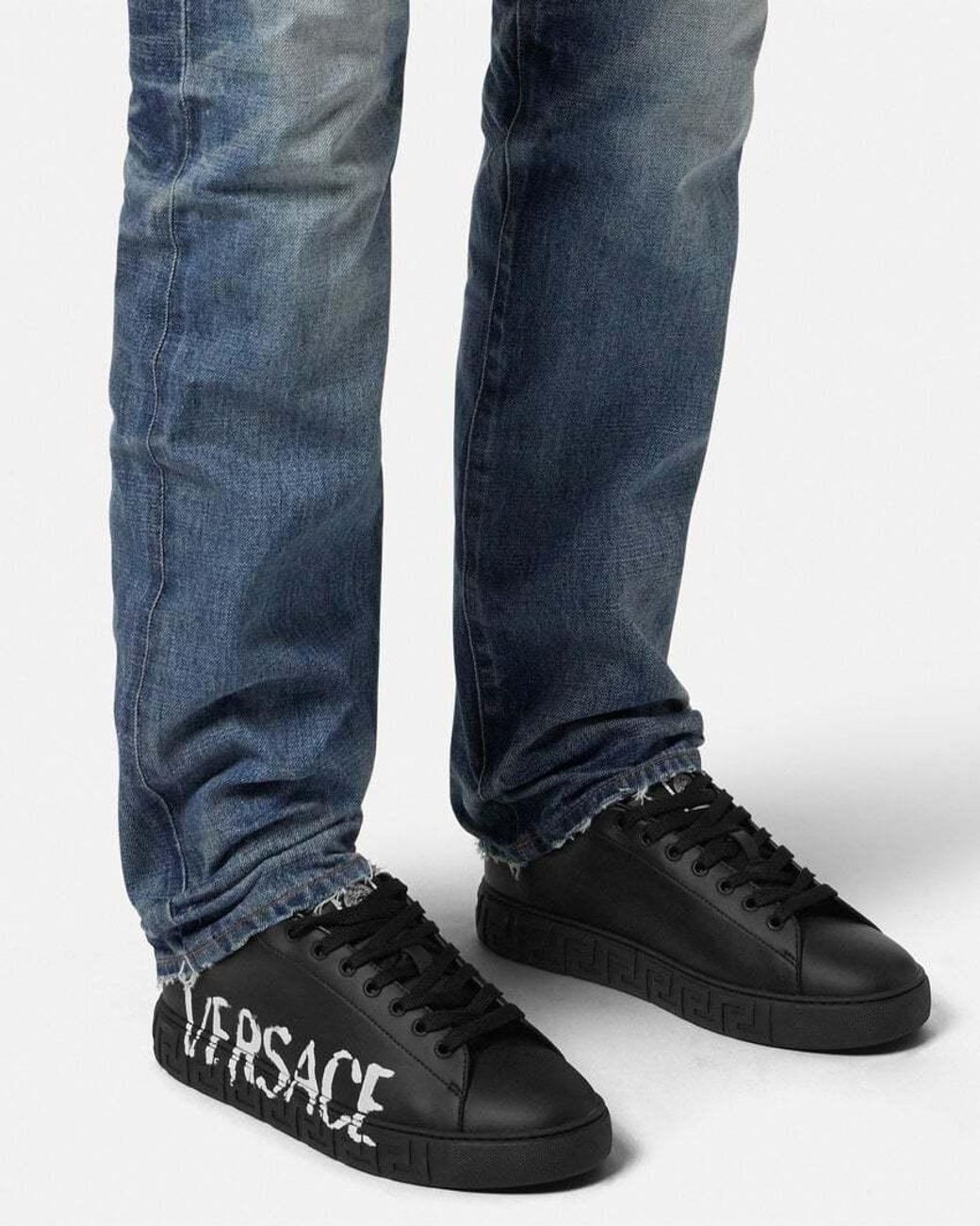 Versace Black Logo-Printed Lace-Up Sneakers for men