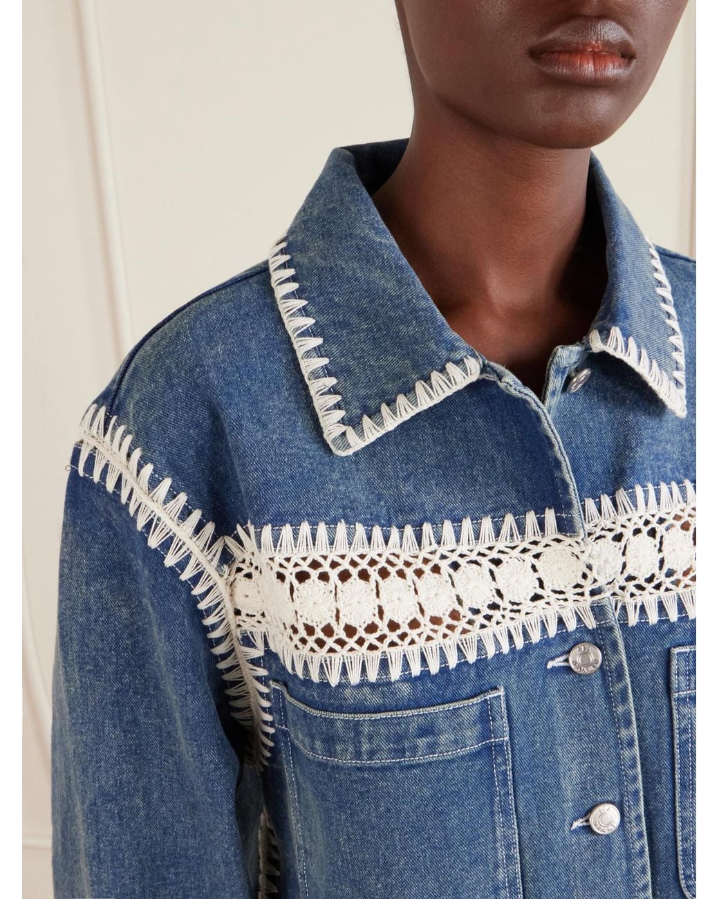 Sea Blue Stasia Crochet-Trimmed Denim Jacket