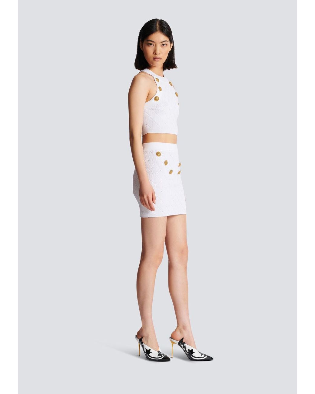 Balmain White Knit Button-Detail Mini Skirt