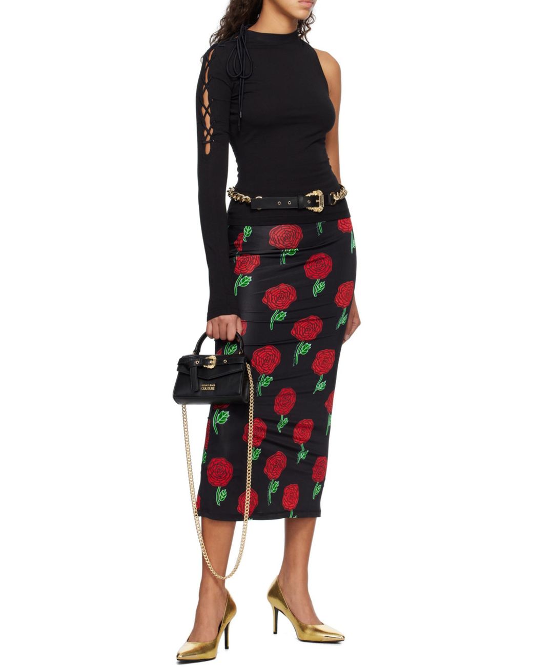 Versace Jeans Red Couture High-Waist Floral-Printed Straight Hem Skirt