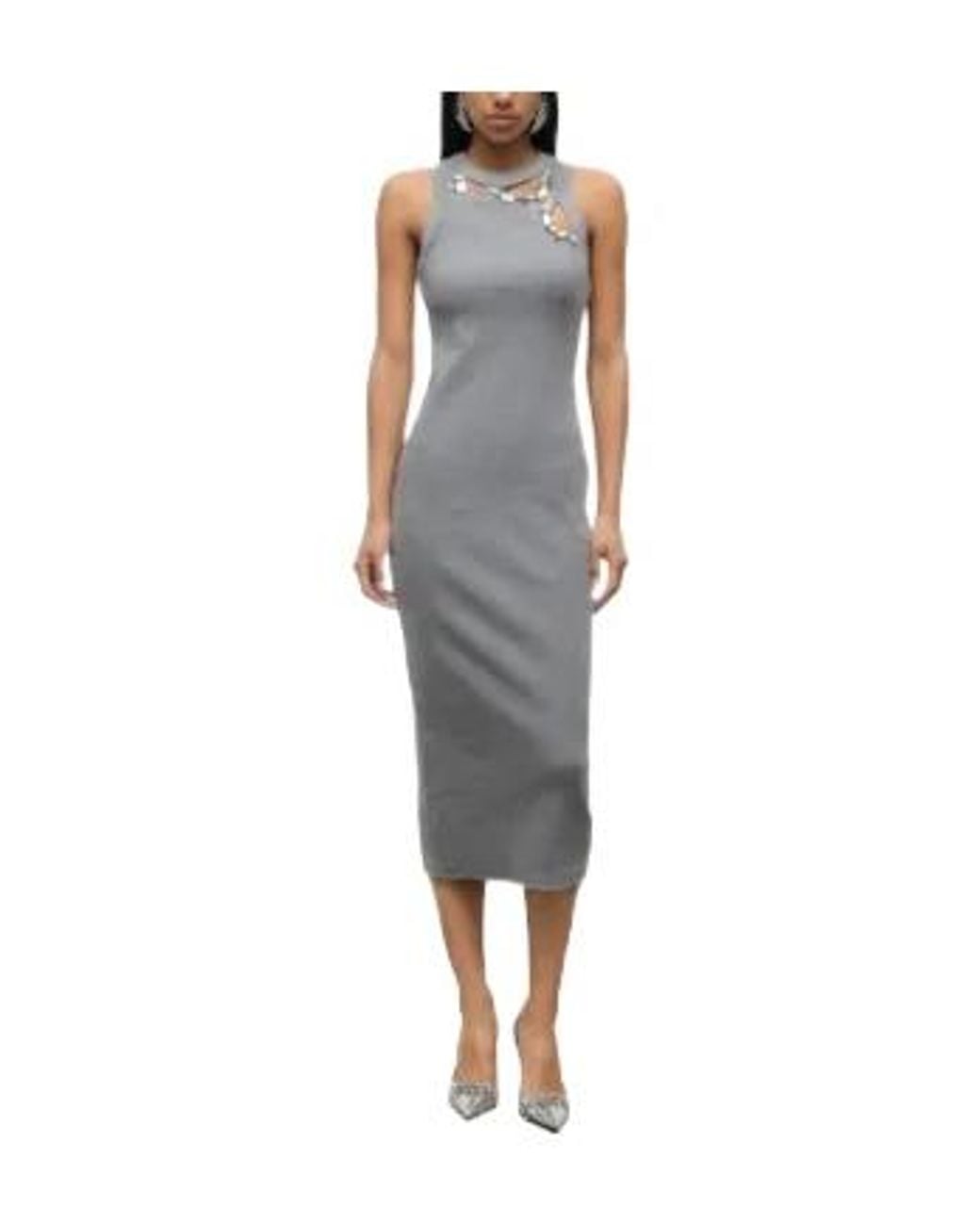 Area Gray Crystal-Embellished Ribbed Midi Dress
