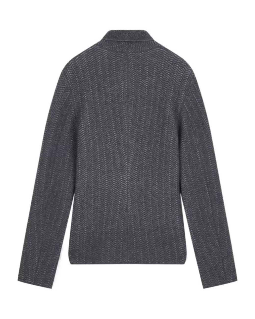 Giorgio Armani Gray Herringbone Cashmere Knit Jacket With Stand Collar