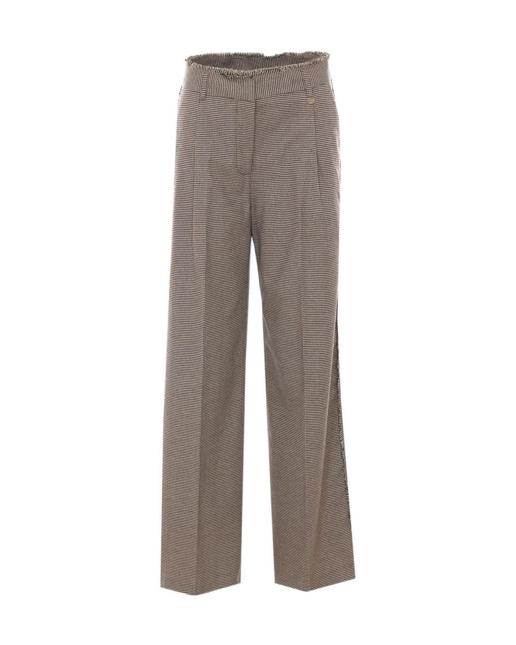 Liu Jo Gray Frayed Houndstooth Wide-Leg Pants
