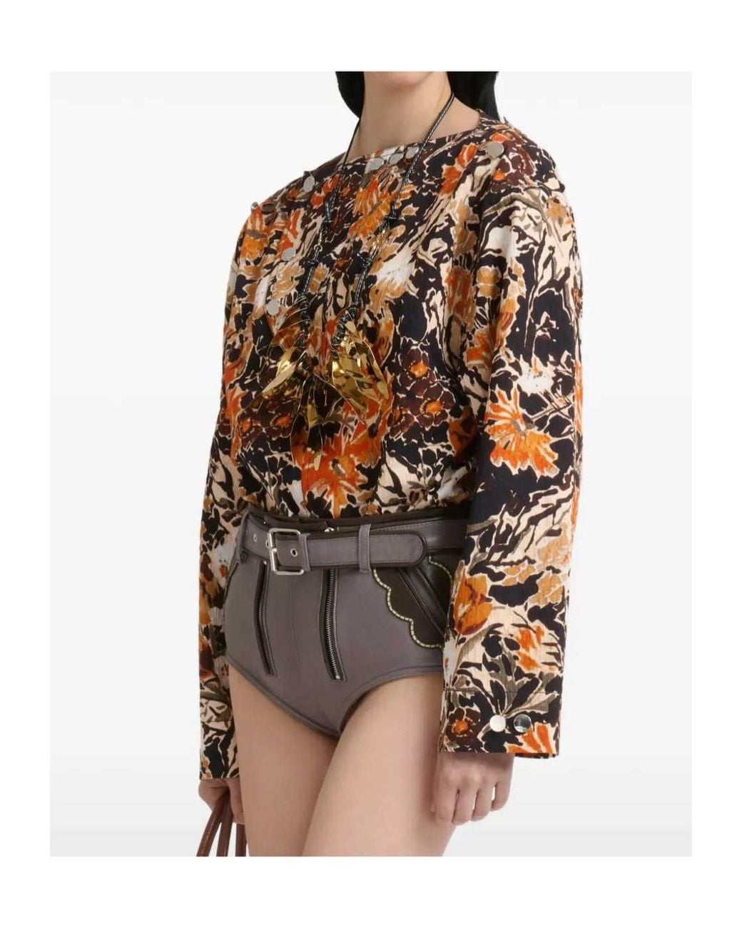 Marni Brown Cloqué Top With Extreme Bouquet Print