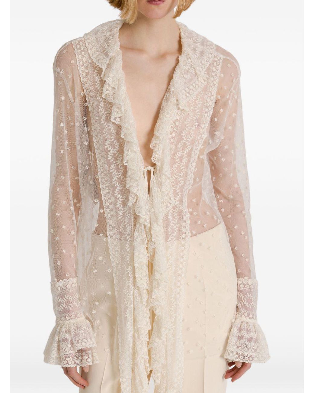 Alberta Ferretti White Ruffled Sheer Dotted Top
