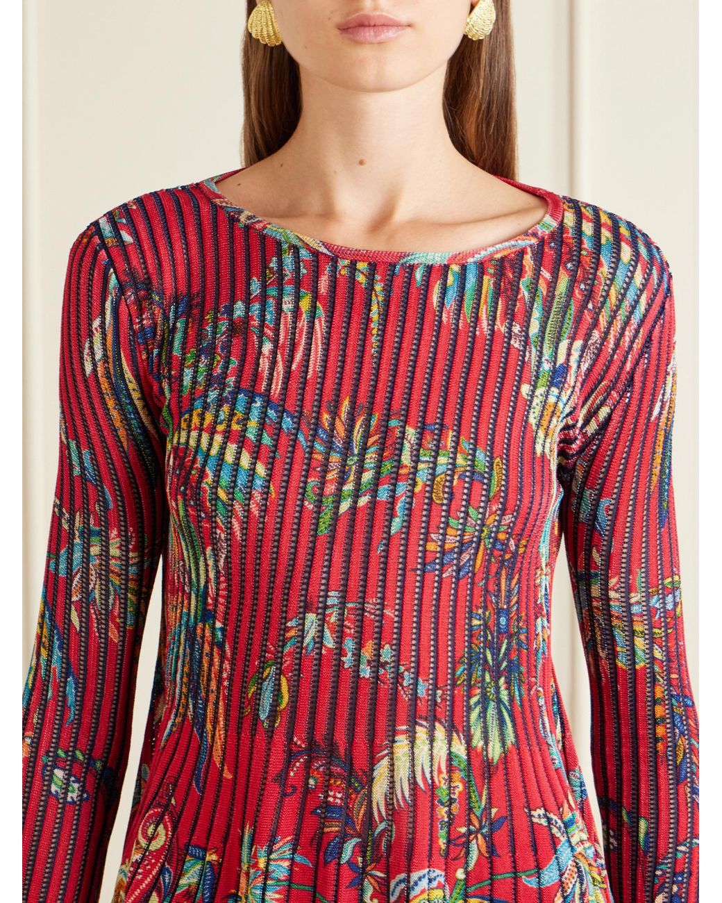 Etro Red Floral-Print Open-Knit Ribbed Blouse