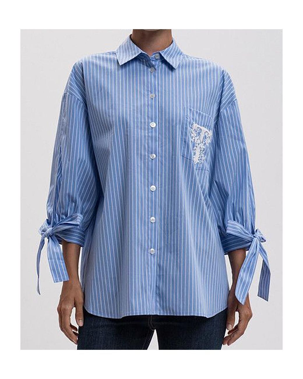 Twinset Blue Pinstriped Tie-Fastened Shirt