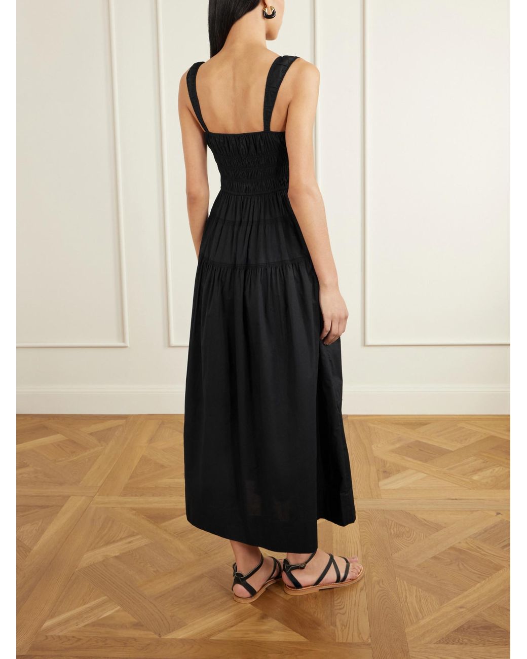 Doen Black Shirred Organic Cotton-Poplin Midi Dress