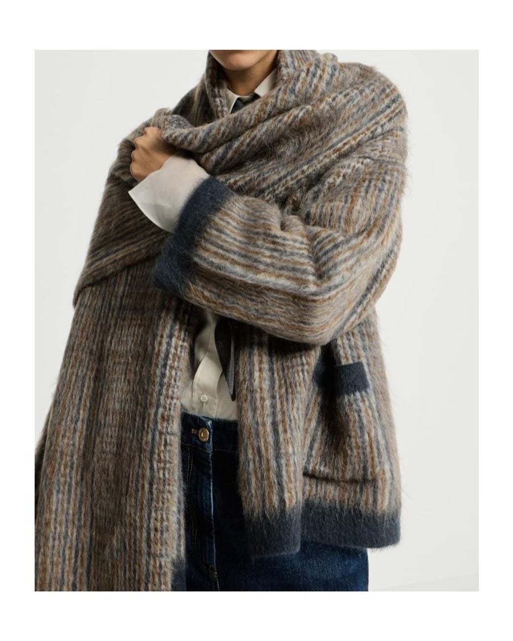 Brunello Cucinelli Gray Prince Of Wales Scarf Double Knit Outerwear Jacket