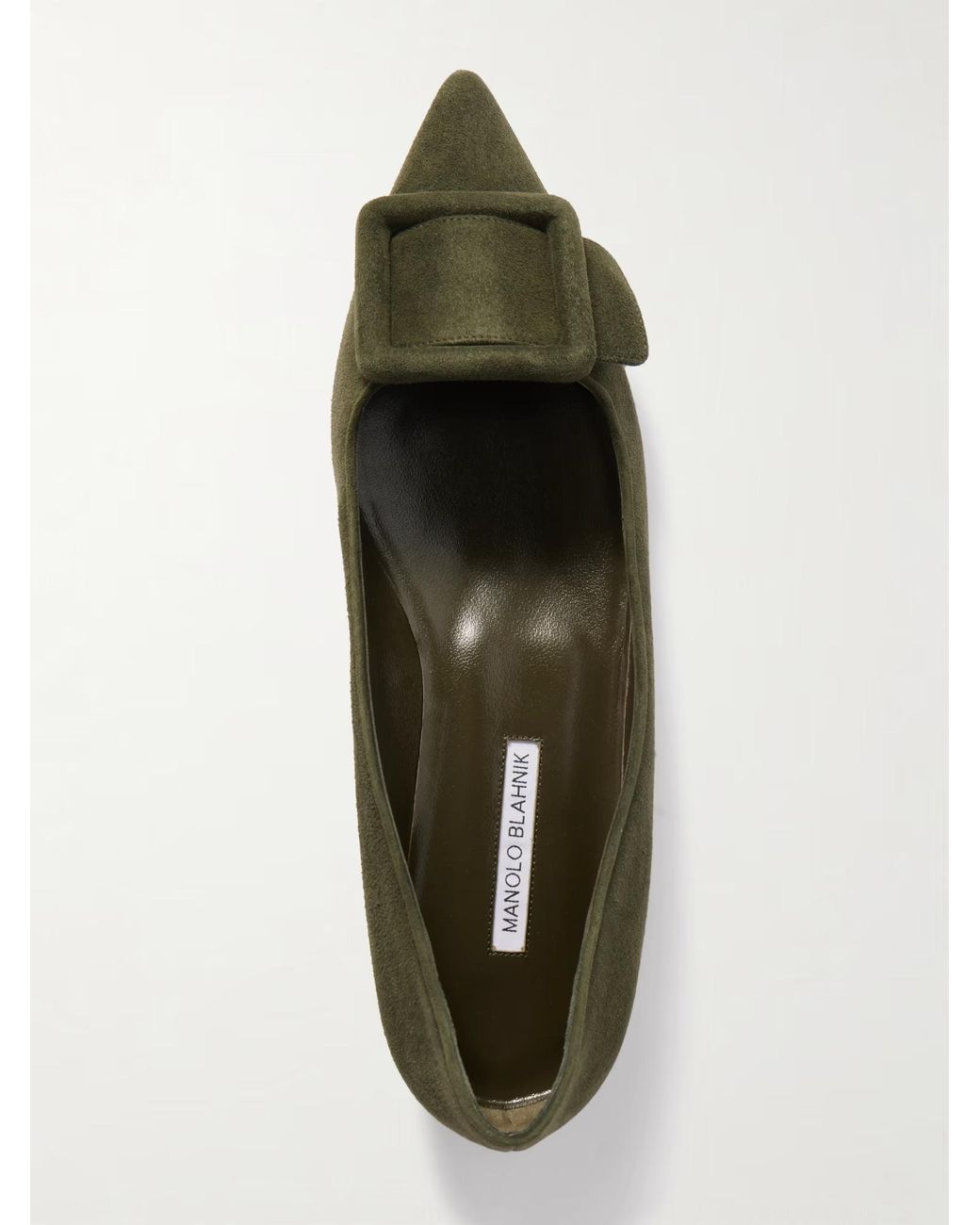 Manolo Blahnik Green Maysale Buckle Suede Pointed-Toe Flats