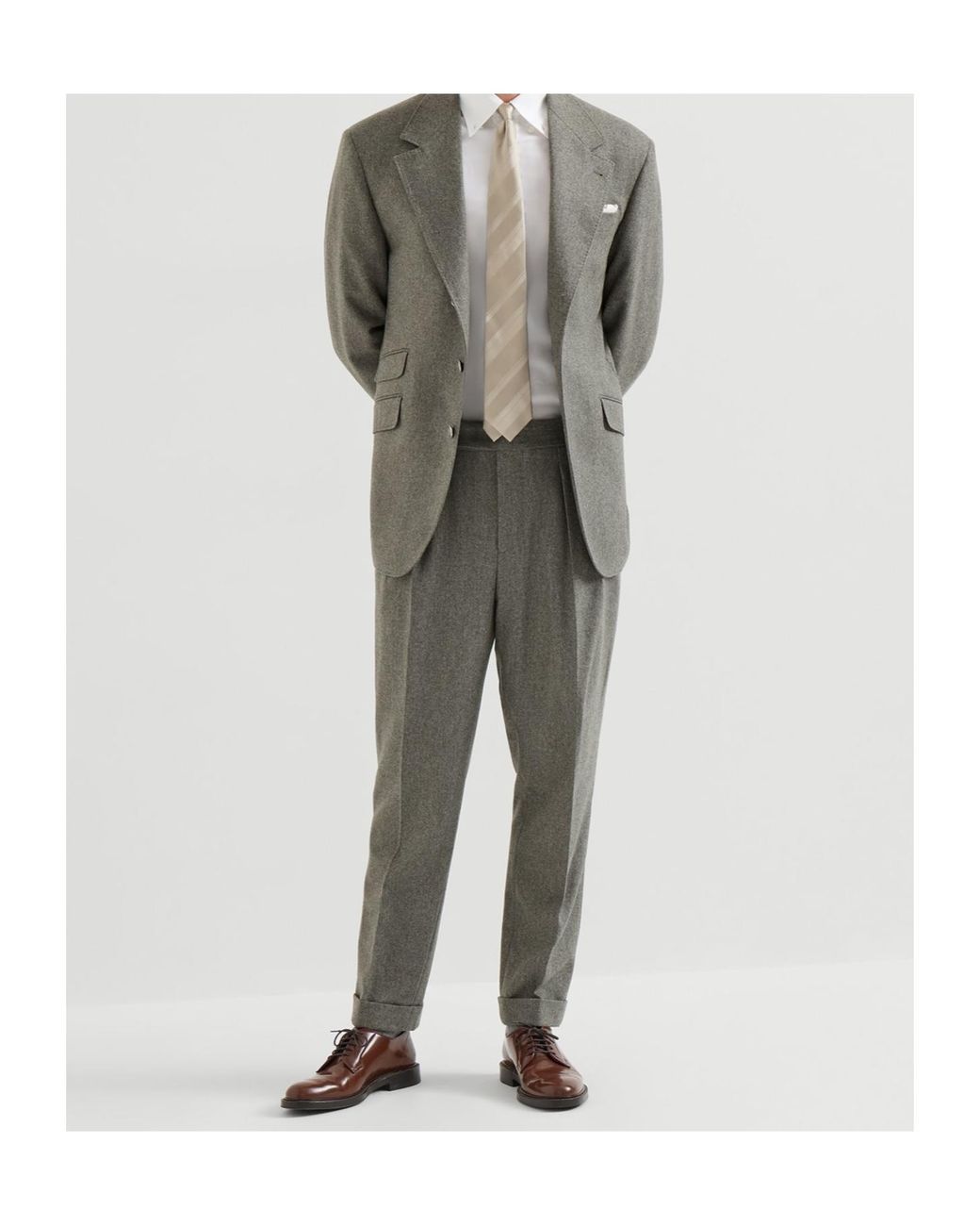 Brunello Cucinelli Gray Virgin Wool Flannel Trousers With Double Pleats And Waist Tabs for men