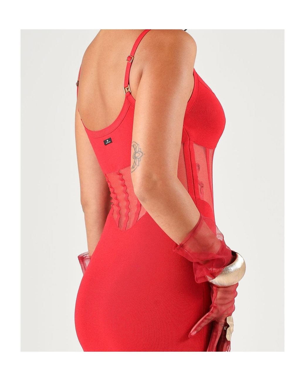 Elisabetta Franchi Red Sheer Panel Midi Dress