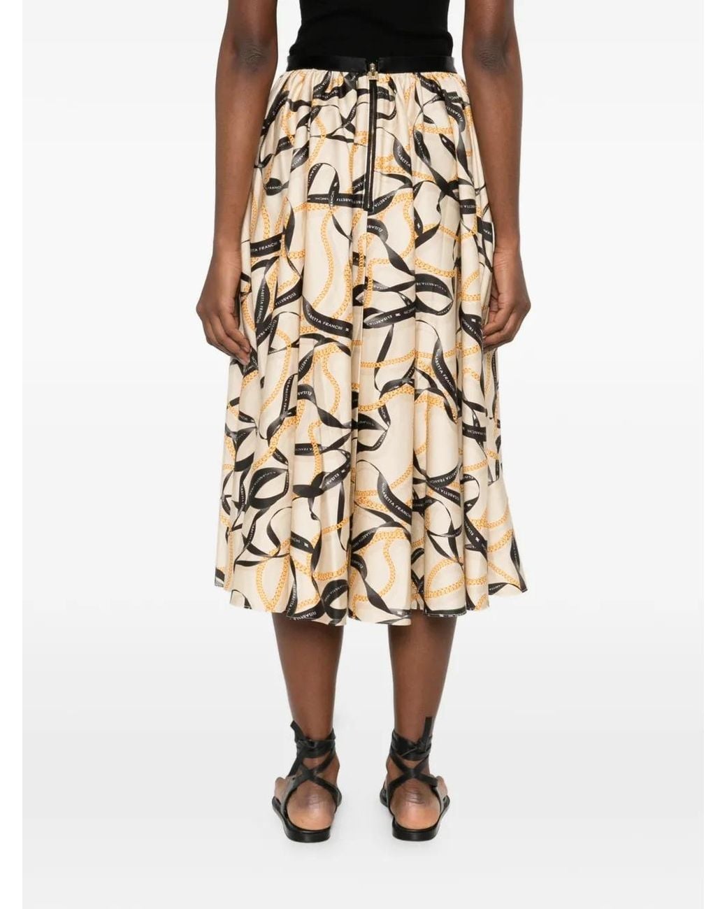 Elisabetta Franchi Natural Printed Skirt With Ribbon And Chain Detail