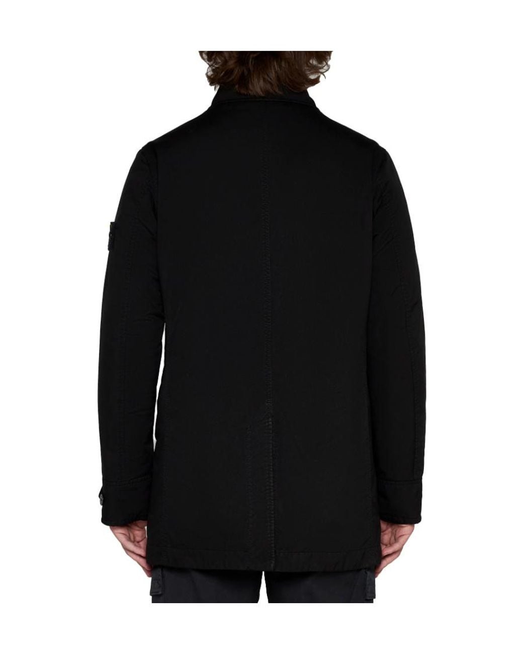Stone Island Black Compass-Patch Long-Sleeved Button-Up Coat for men