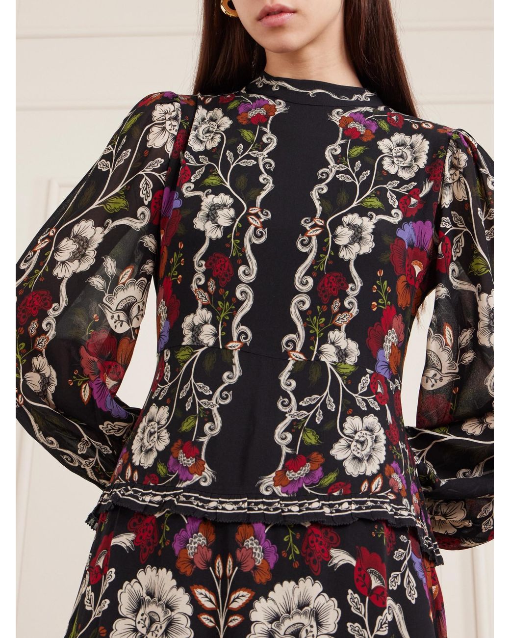 Farm Rio Black Floral-Print Chiffon Maxi Dress