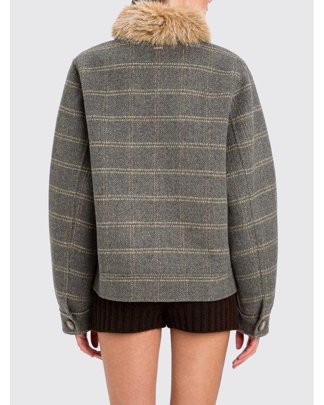 Twinset Gray Double Check Wool Caban Coat With Faux Fur