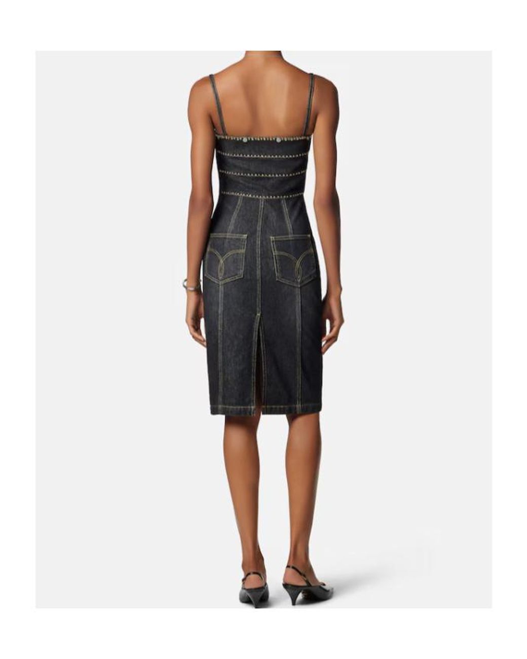 Versace Black Embellished Denim Fitted Midi Dress