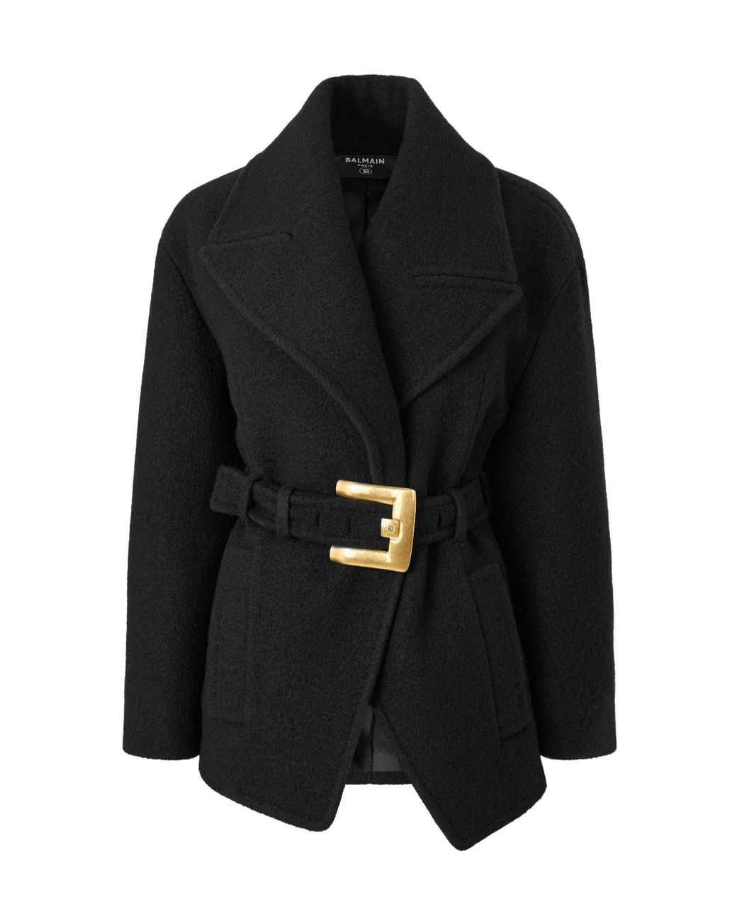 Balmain Black Short Wool Wrap Coat