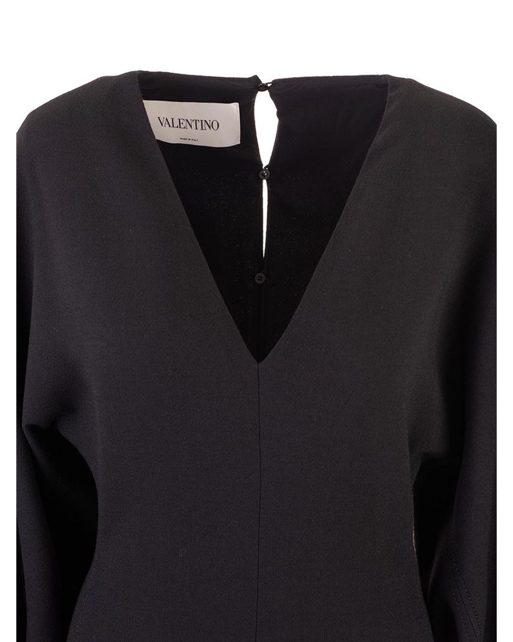 Valentino Black Gathered-Sleeve V-Neck Midi Dress