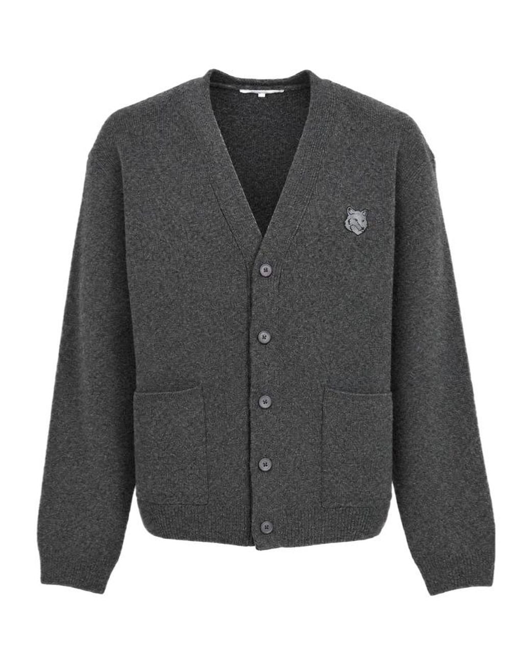 Maison Kitsuné Gray Maison Kitsuné Logo Patch V-Neck Cardigan for men